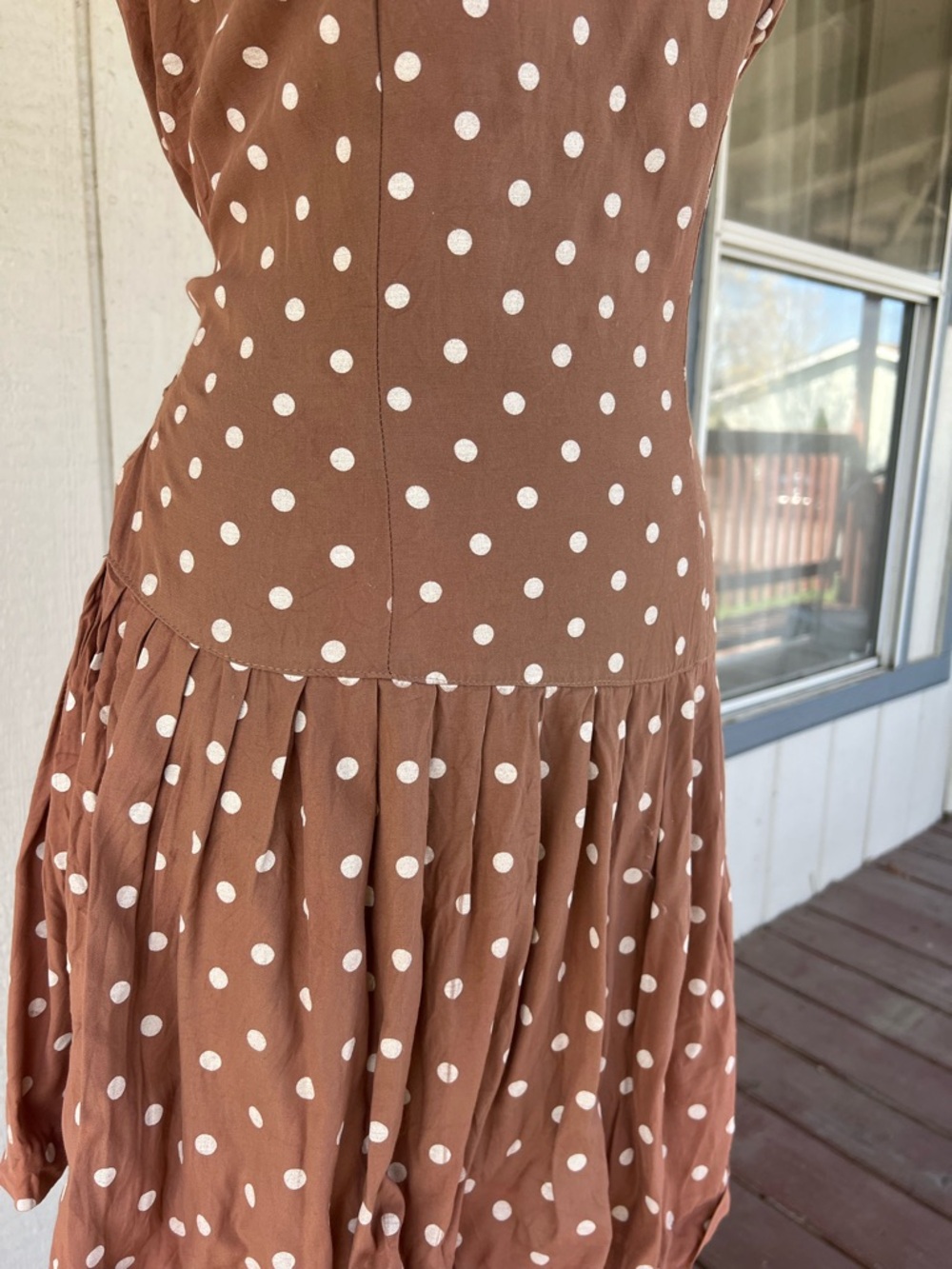 Vintage Brown Polka Dot Drop Waist Mini Dress Size 7 Cottagecore - Picture 4 of 7